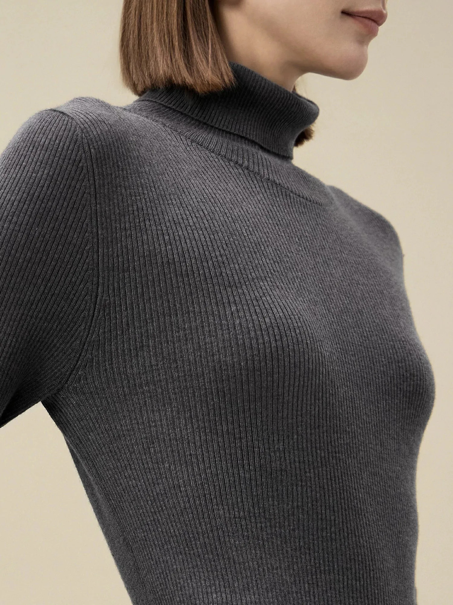 Amoretu Wool High Neck Slim Fit Ribbed Knit Sweater