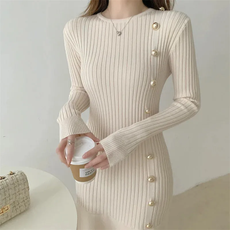 Autumn Warm Korean Fashion Woman Elegant Clothing Knitted Vintage Dresses Sweater Dress Femme Winter Vestido Feminino Thicken