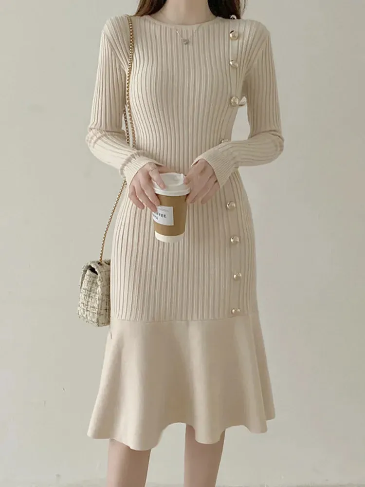 Autumn Warm Korean Fashion Woman Elegant Clothing Knitted Vintage Dresses Sweater Dress Femme Winter Vestido Feminino Thicken