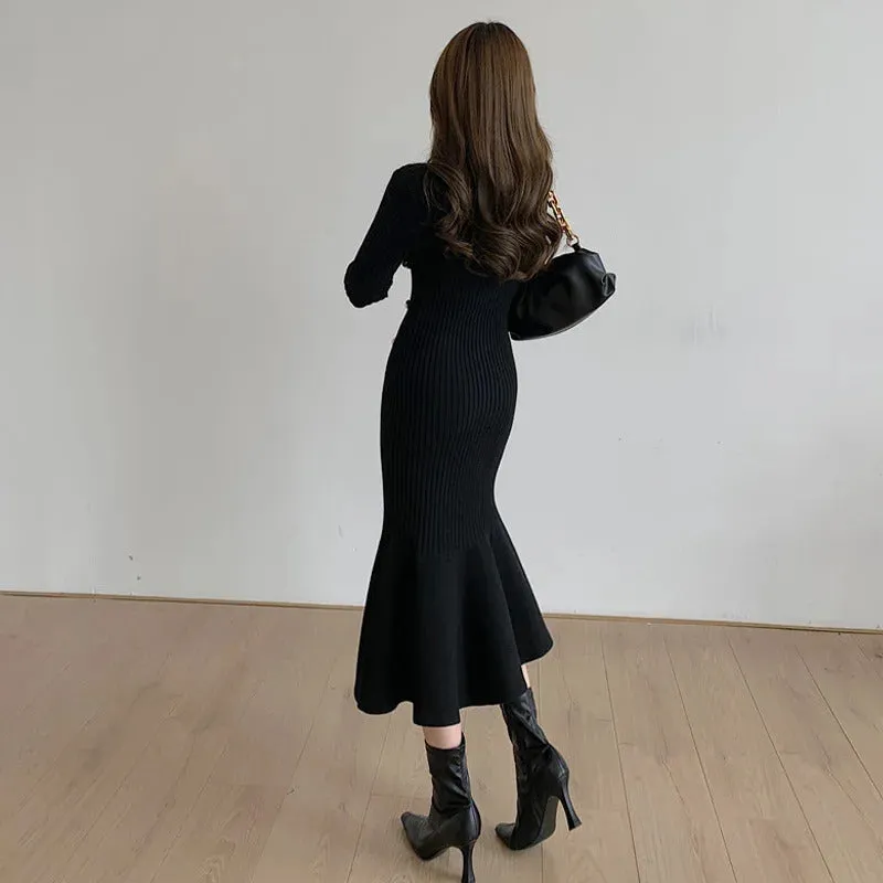 Autumn Warm Korean Fashion Woman Elegant Clothing Knitted Vintage Dresses Sweater Dress Femme Winter Vestido Feminino Thicken