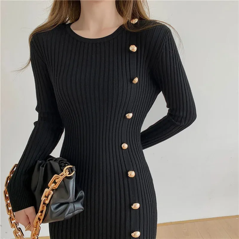 Autumn Warm Korean Fashion Woman Elegant Clothing Knitted Vintage Dresses Sweater Dress Femme Winter Vestido Feminino Thicken