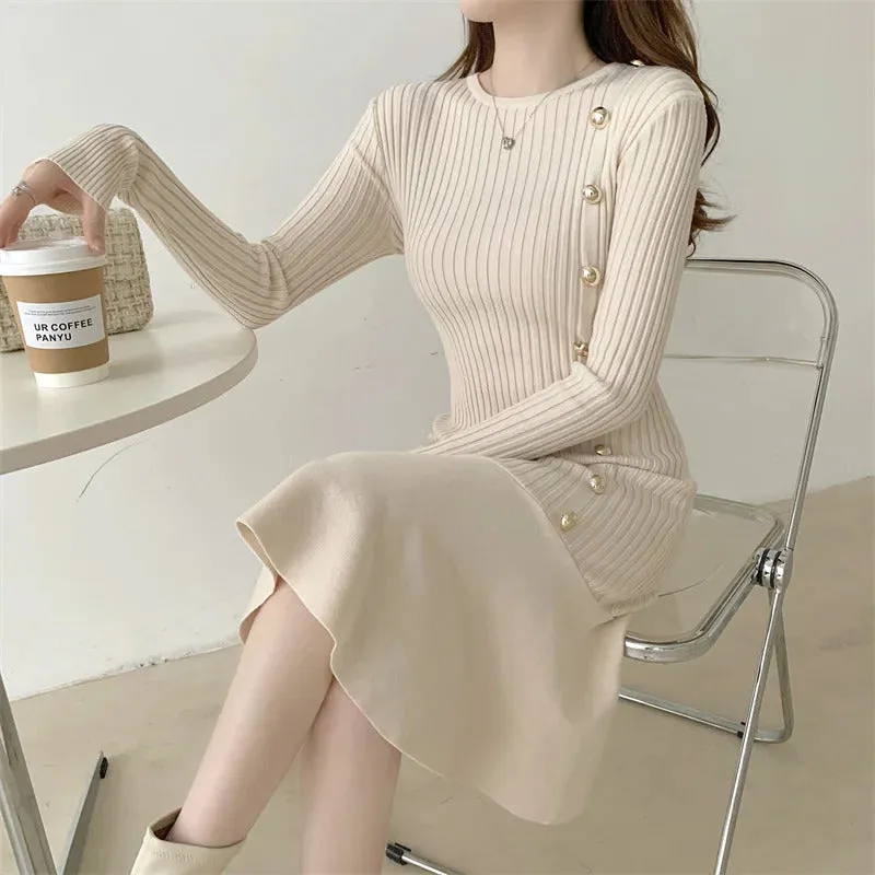 Autumn Warm Korean Fashion Woman Elegant Clothing Knitted Vintage Dresses Sweater Dress Femme Winter Vestido Feminino Thicken