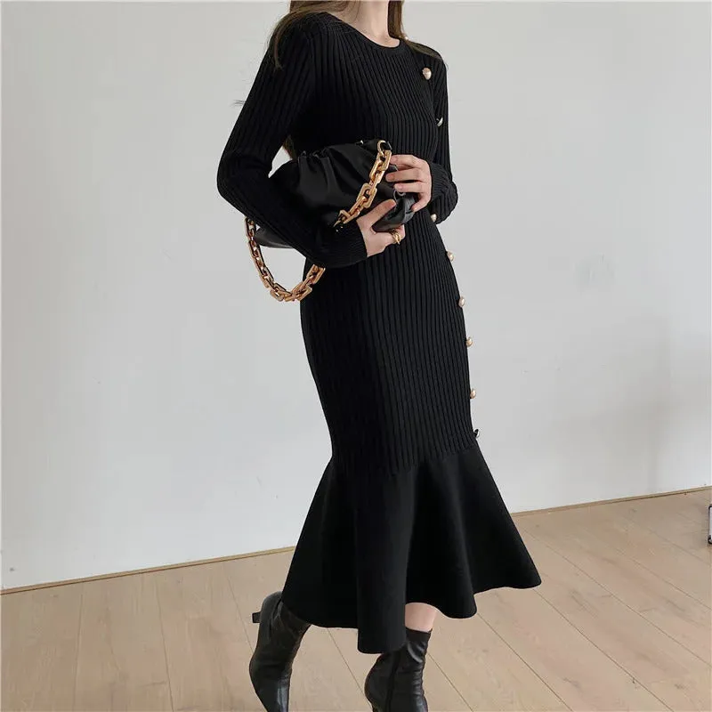 Autumn Warm Korean Fashion Woman Elegant Clothing Knitted Vintage Dresses Sweater Dress Femme Winter Vestido Feminino Thicken