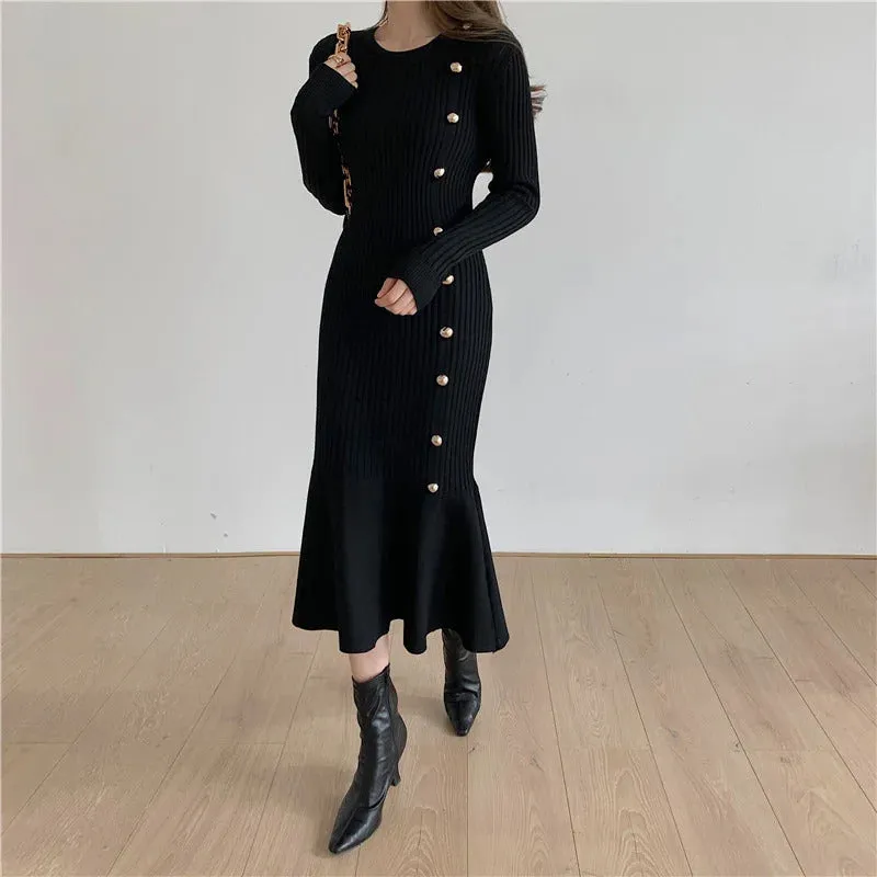 Autumn Warm Korean Fashion Woman Elegant Clothing Knitted Vintage Dresses Sweater Dress Femme Winter Vestido Feminino Thicken