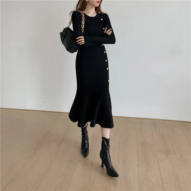 Autumn Warm Korean Fashion Woman Elegant Clothing Knitted Vintage Dresses Sweater Dress Femme Winter Vestido Feminino Thicken