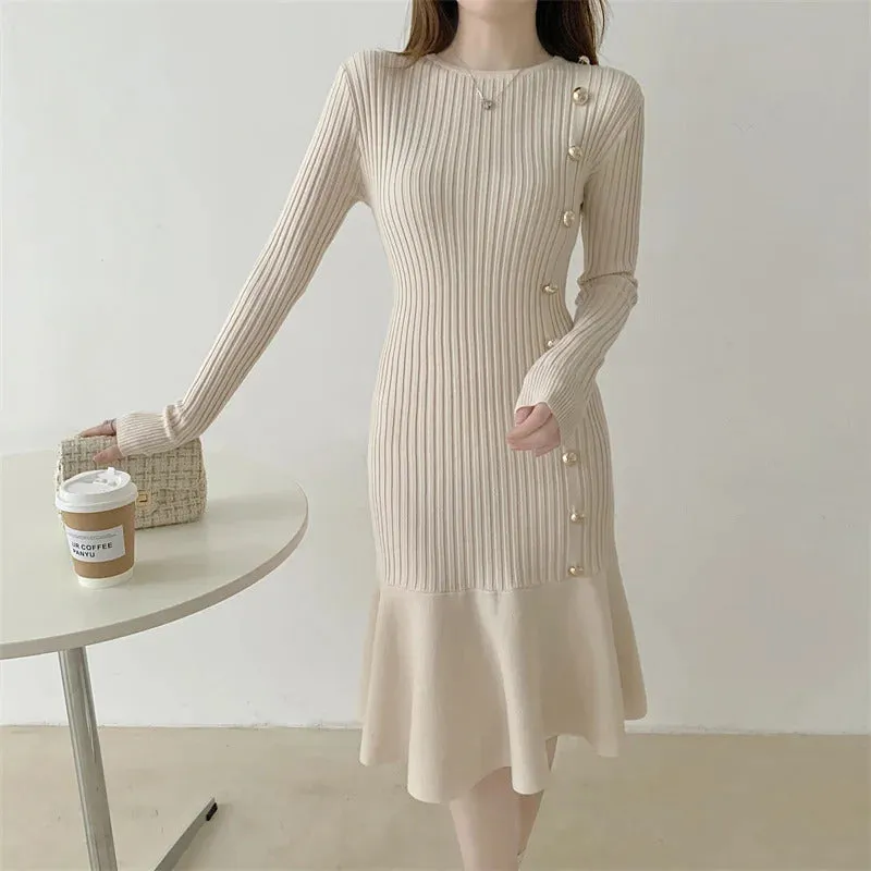 Autumn Warm Korean Fashion Woman Elegant Clothing Knitted Vintage Dresses Sweater Dress Femme Winter Vestido Feminino Thicken