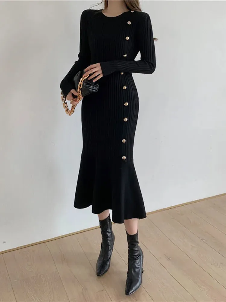 Autumn Warm Korean Fashion Woman Elegant Clothing Knitted Vintage Dresses Sweater Dress Femme Winter Vestido Feminino Thicken