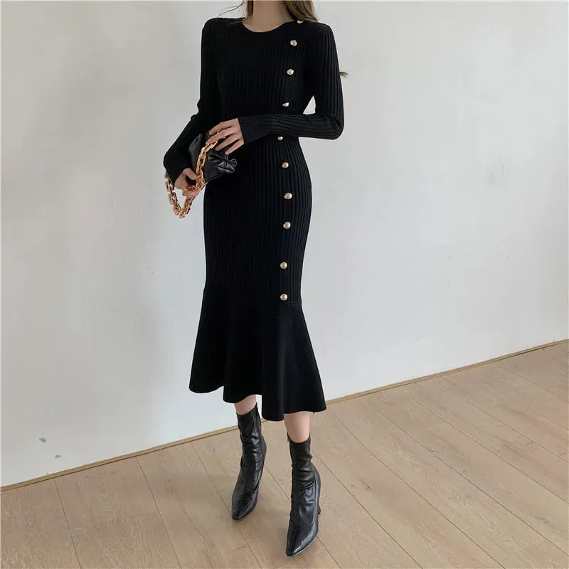 Autumn Warm Korean Fashion Woman Elegant Clothing Knitted Vintage Dresses Sweater Dress Femme Winter Vestido Feminino Thicken