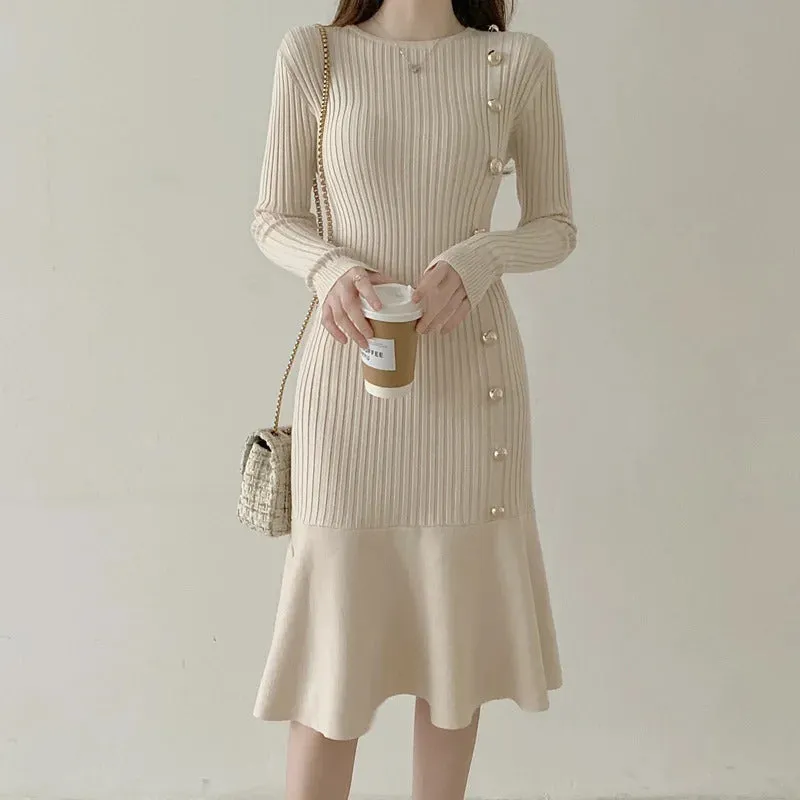 Autumn Warm Korean Fashion Woman Elegant Clothing Knitted Vintage Dresses Sweater Dress Femme Winter Vestido Feminino Thicken