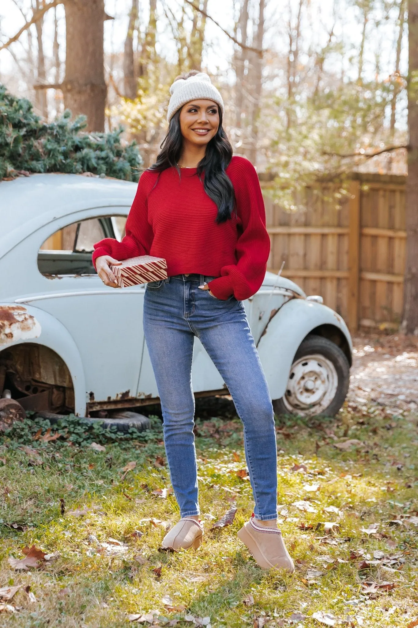 Avery Ribbed Boat Neck Sweater - Red