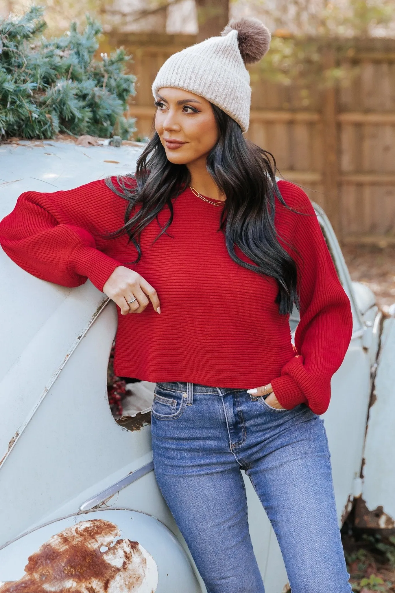 Avery Ribbed Boat Neck Sweater - Red