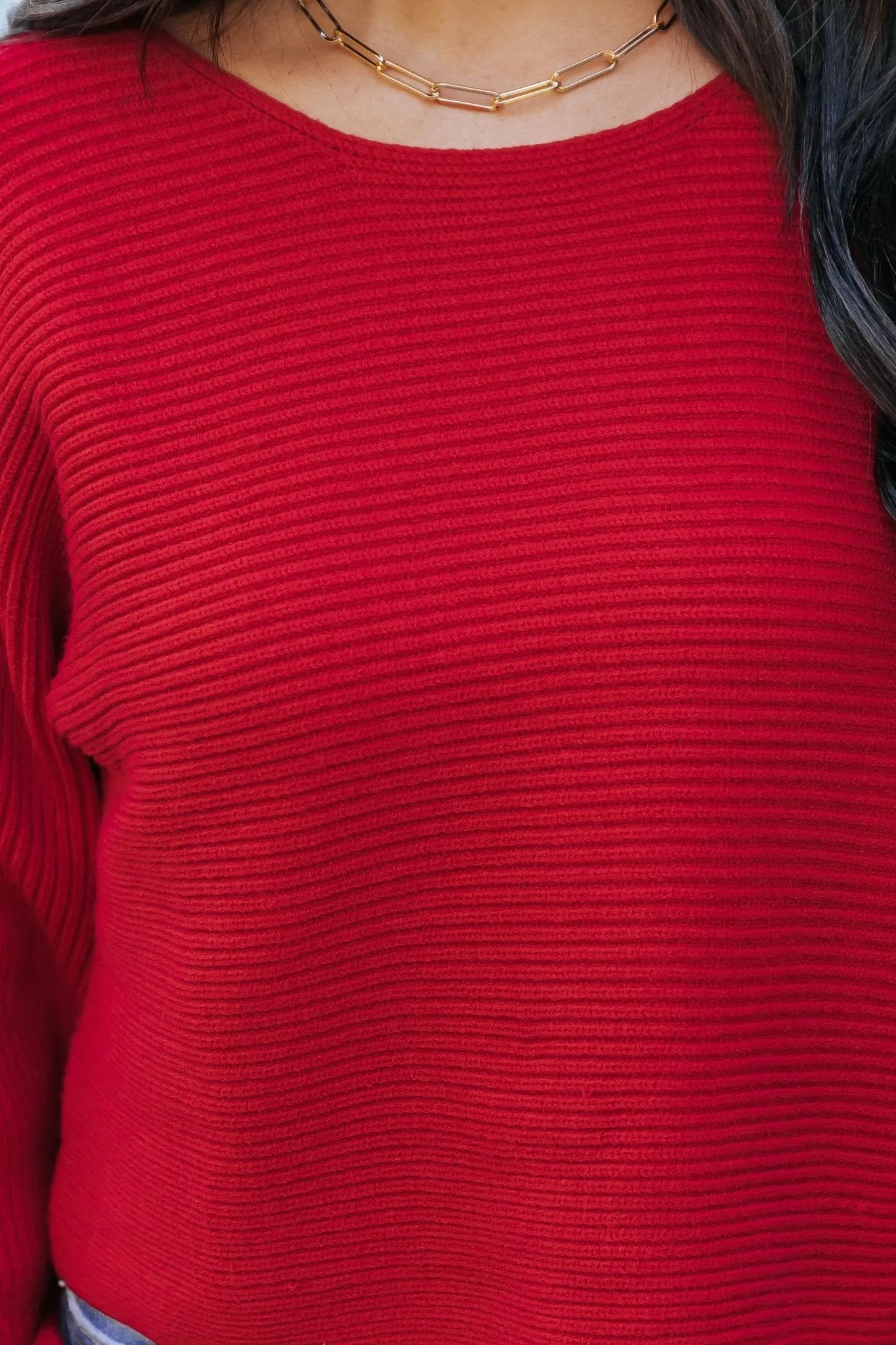 Avery Ribbed Boat Neck Sweater - Red