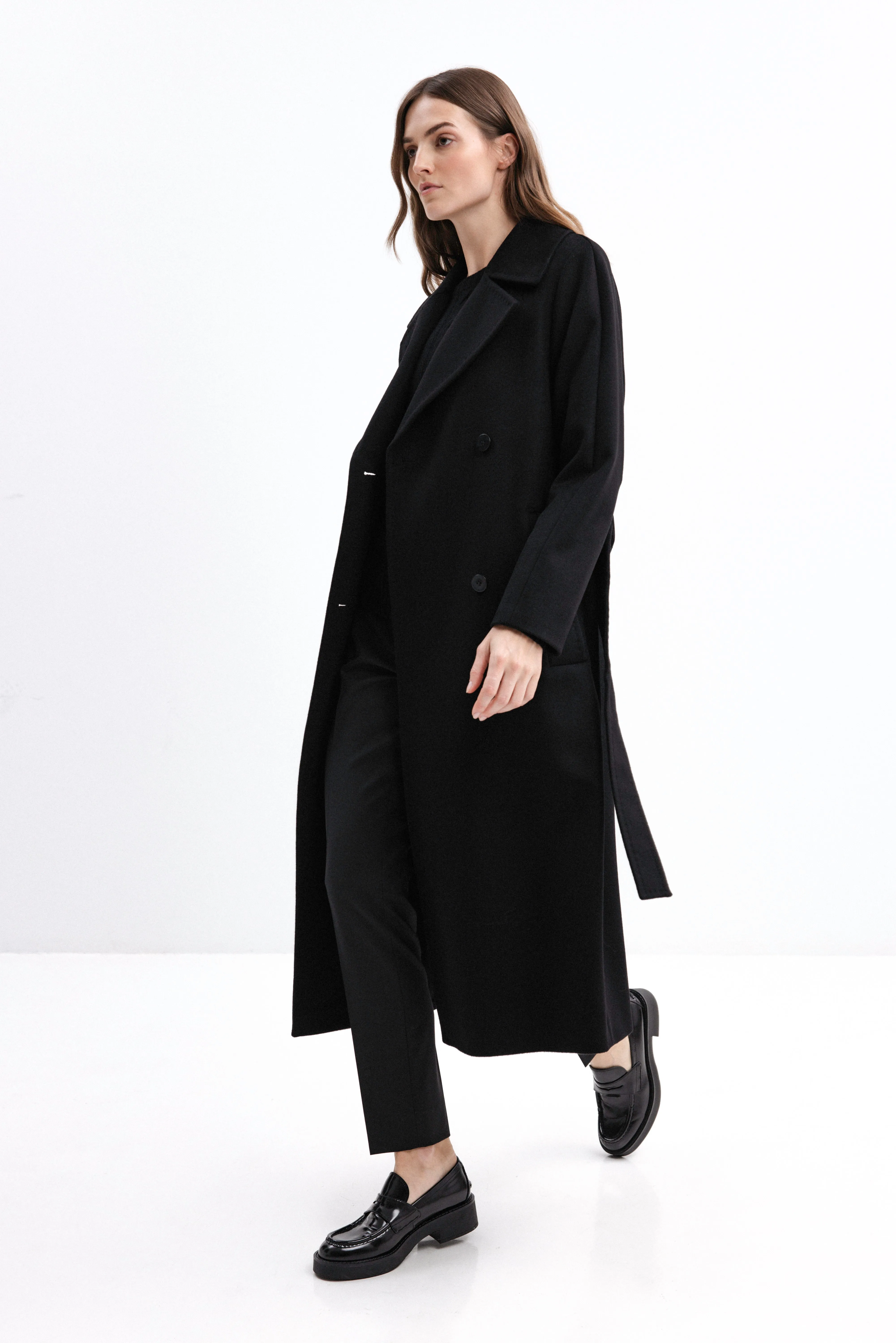 BLACK BELTED WOOL COAT