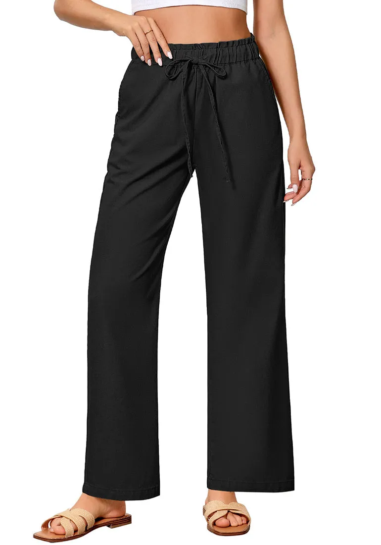 Black Women's Comfortable Cool-Touch Drawstring Full-Length Lightweight Wide Leg Trousers