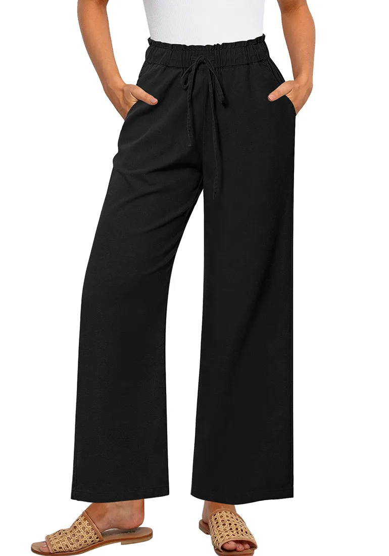 Black Women's Comfortable Cool-Touch Drawstring Full-Length Lightweight Wide Leg Trousers