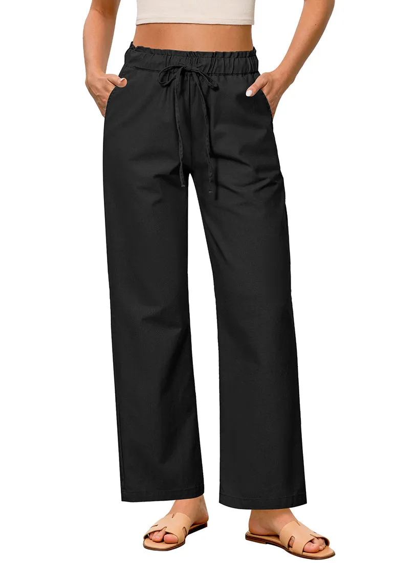 Black Women's Comfortable Cool-Touch Drawstring Full-Length Lightweight Wide Leg Trousers