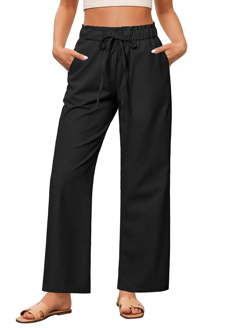 Black Women's Comfortable Cool-Touch Drawstring Full-Length Lightweight Wide Leg Trousers