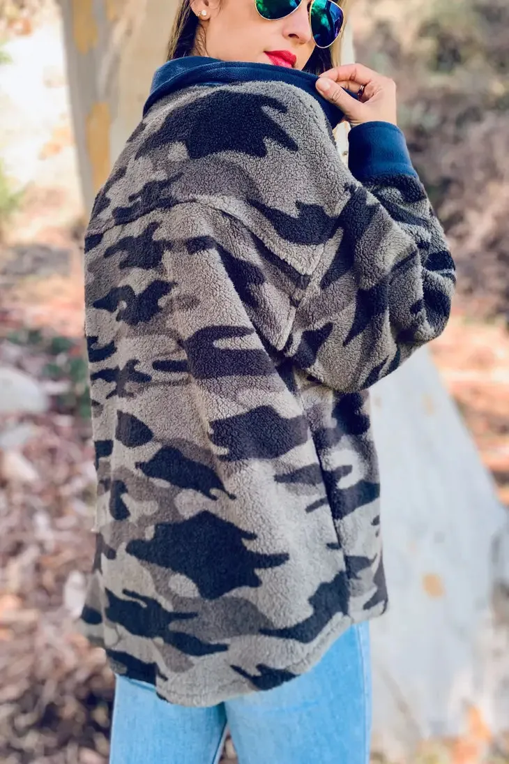 Camo Printed Fleece Snap Button Down Shacket