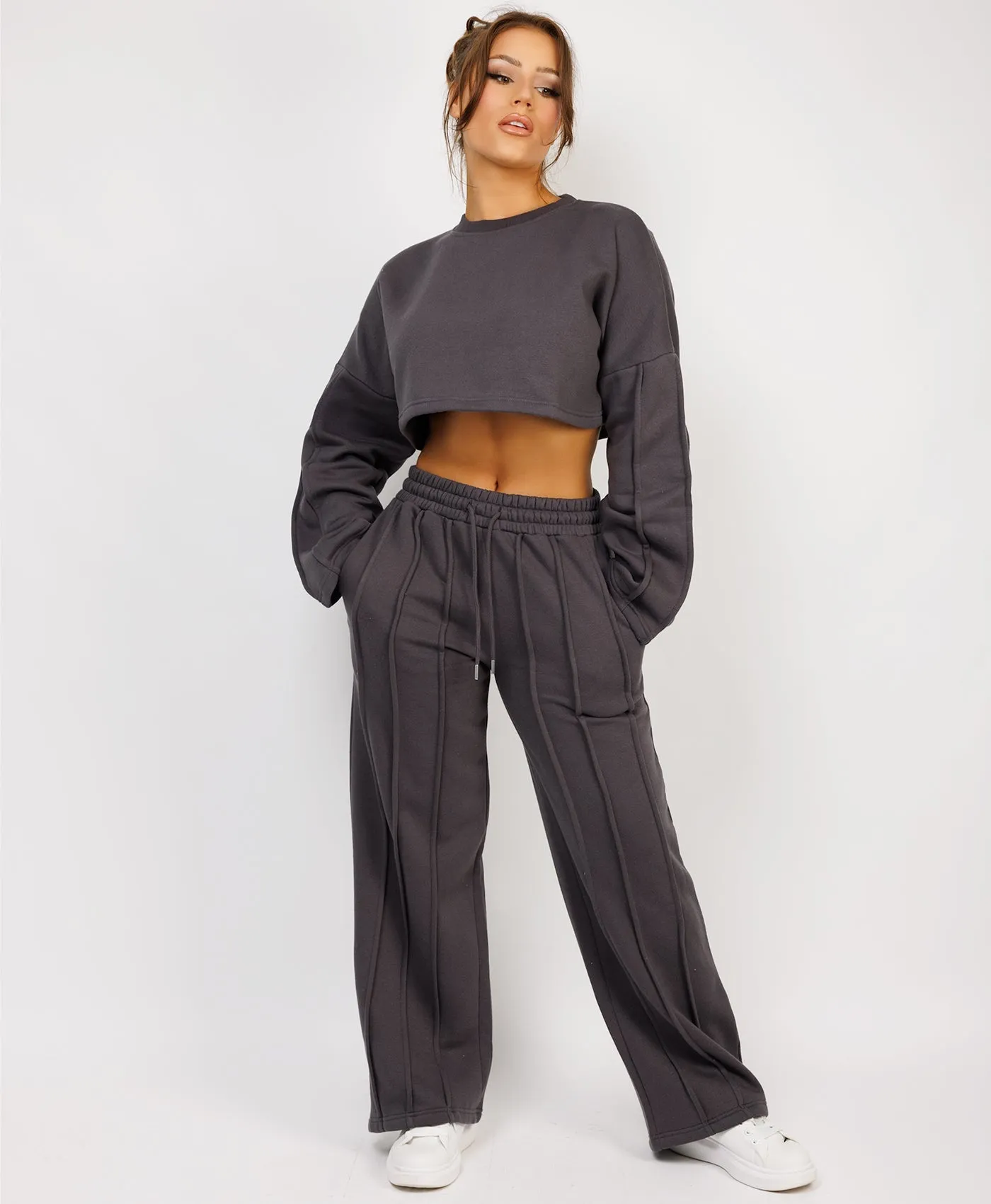 Charcoal Grey Cropped Sweatshirt And Pintuck Detail Joggers Tracksuit