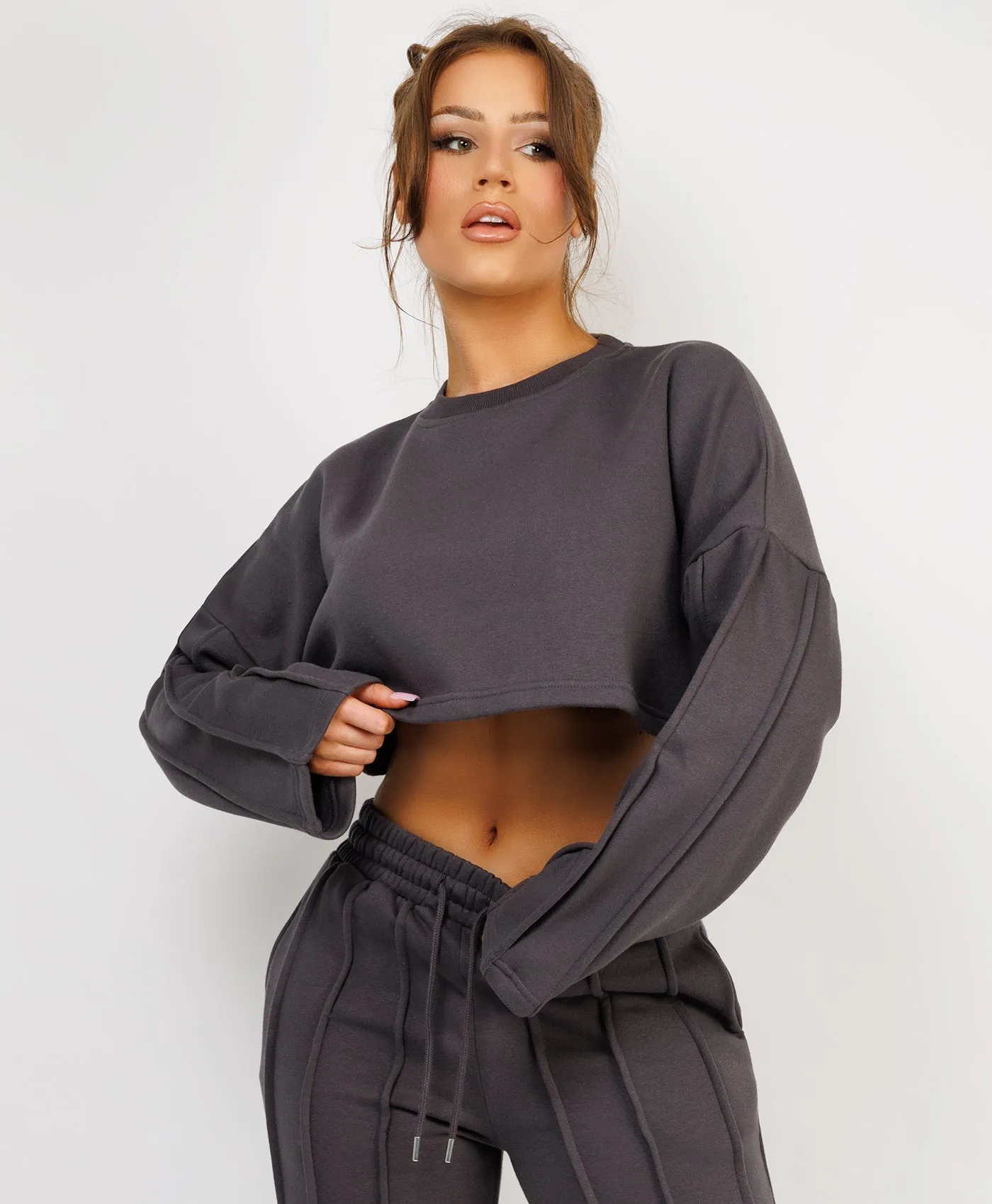 Charcoal Grey Cropped Sweatshirt And Pintuck Detail Joggers Tracksuit