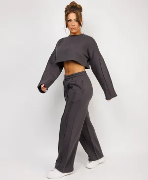 Charcoal Grey Cropped Sweatshirt And Pintuck Detail Joggers Tracksuit