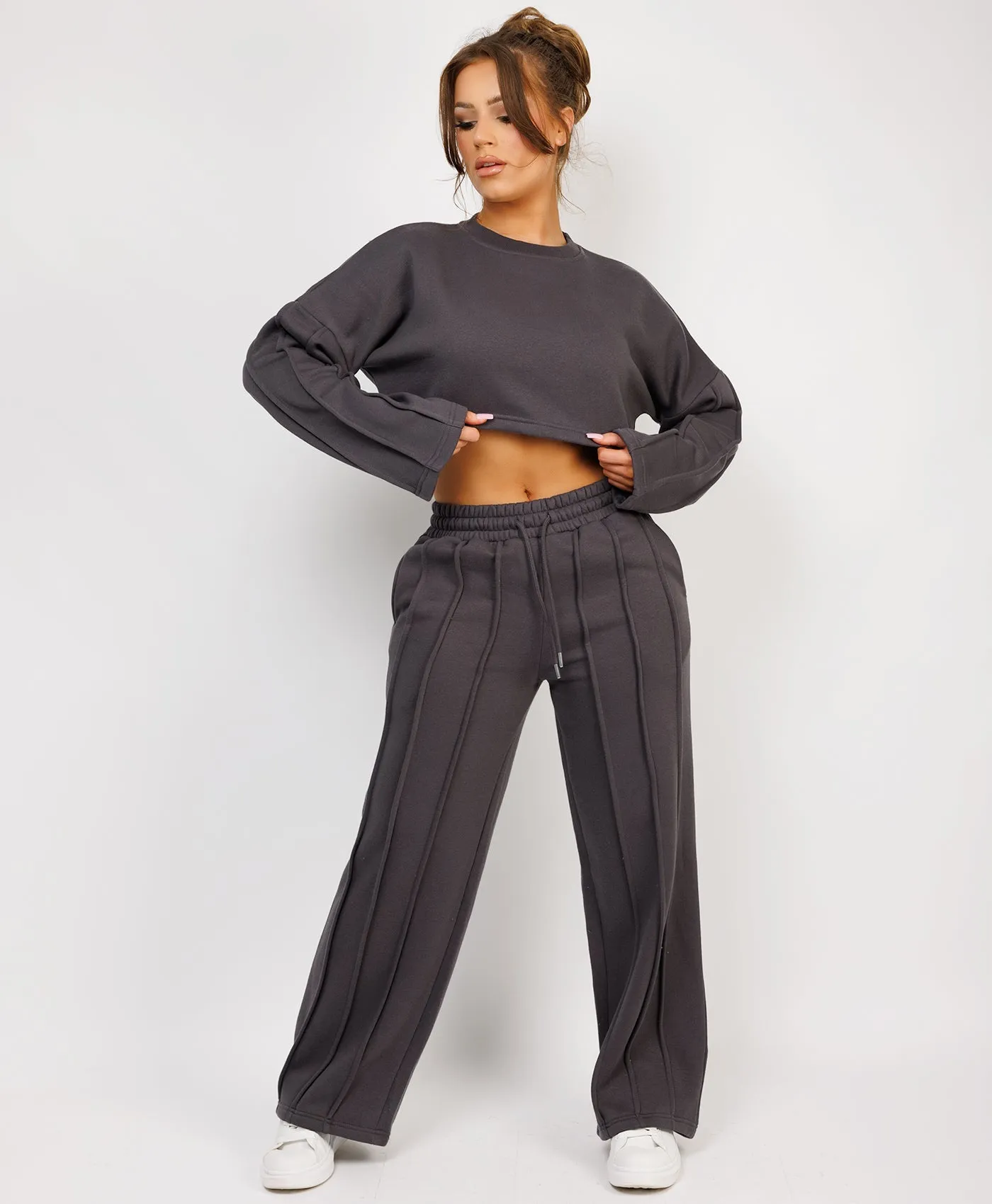 Charcoal Grey Cropped Sweatshirt And Pintuck Detail Joggers Tracksuit