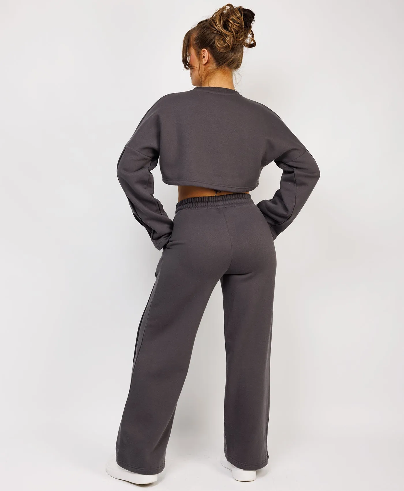 Charcoal Grey Cropped Sweatshirt And Pintuck Detail Joggers Tracksuit