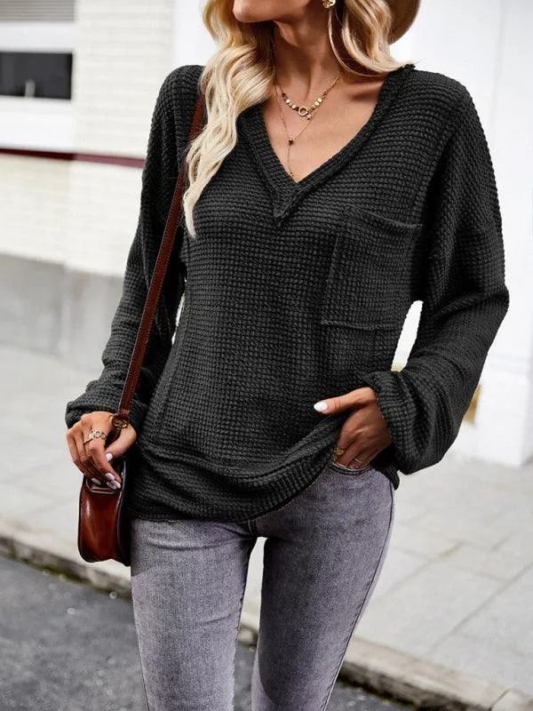 Chic Waffle Knit V-Neck Top - Your Essential Comfort Piece