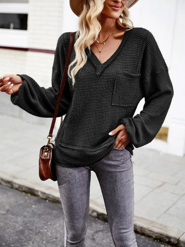 Chic Waffle Knit V-Neck Top - Your Essential Comfort Piece