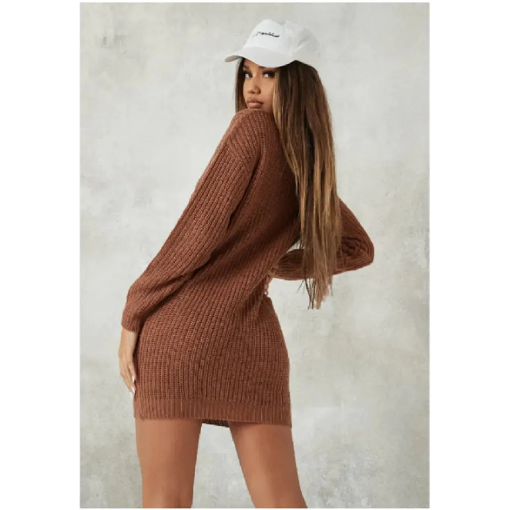 Chocolate Brown Roll Neck Knitted Jumper Dress