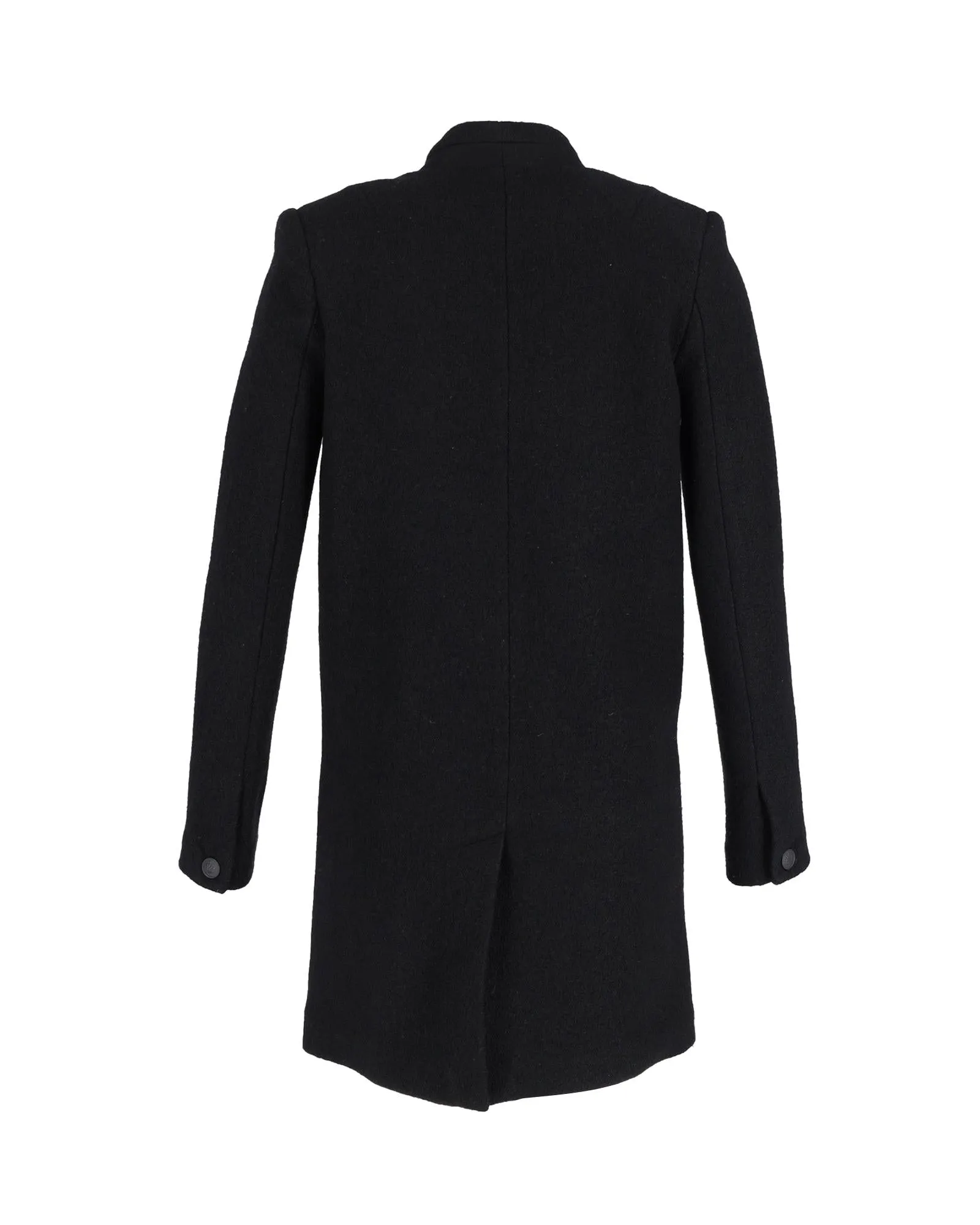 Collarless Black Wool Coat with Single-Button Fastening