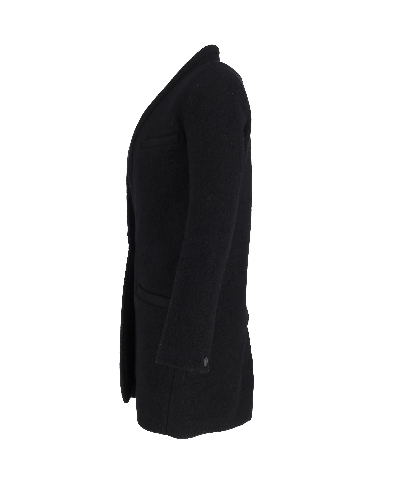 Collarless Black Wool Coat with Single-Button Fastening