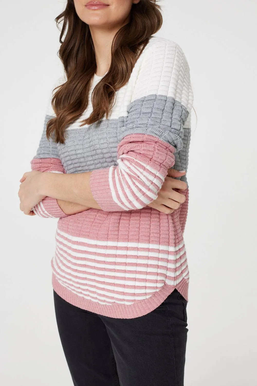 Colour Block Textured Curve Hem Jumper