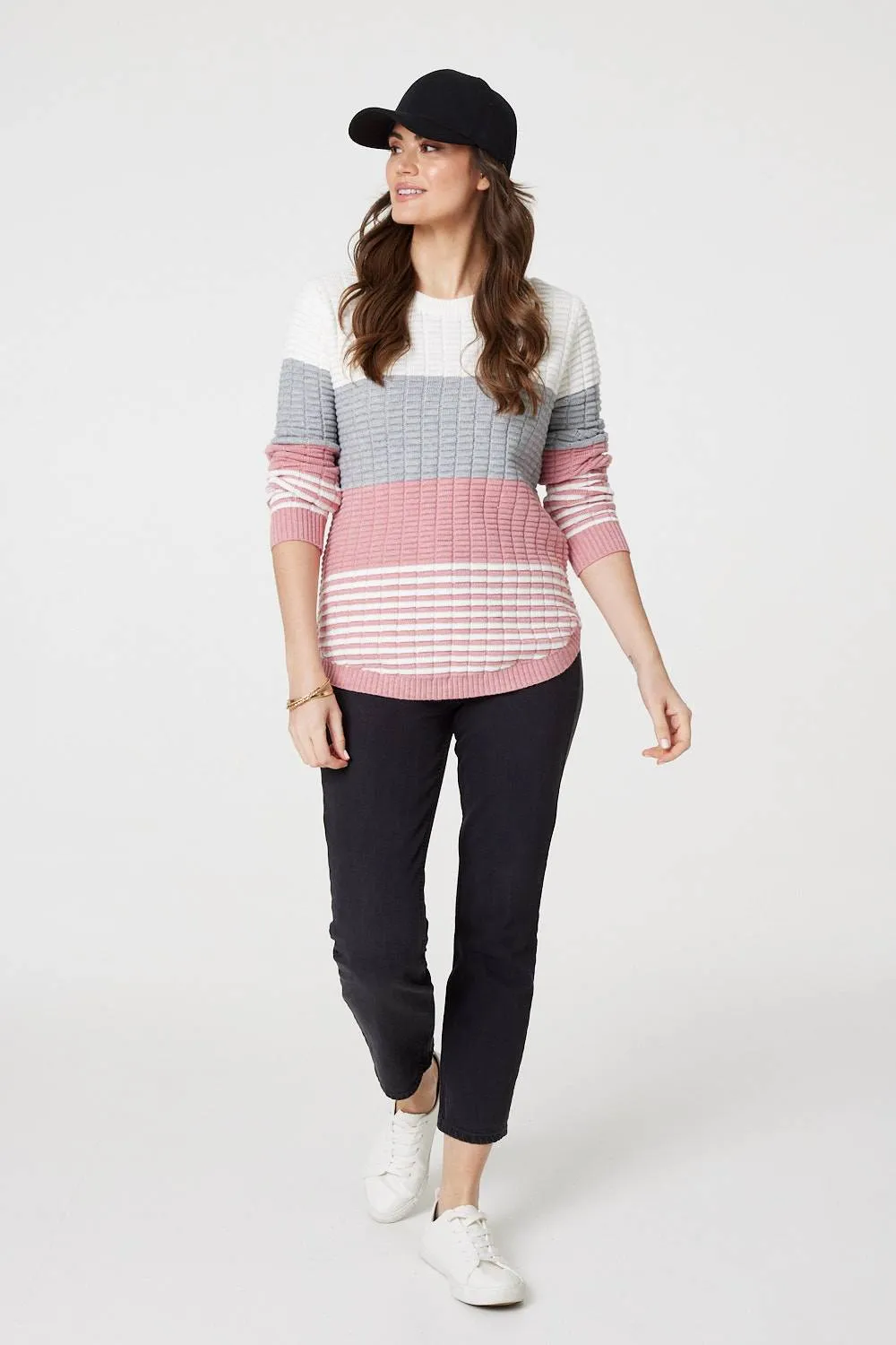 Colour Block Textured Curve Hem Jumper