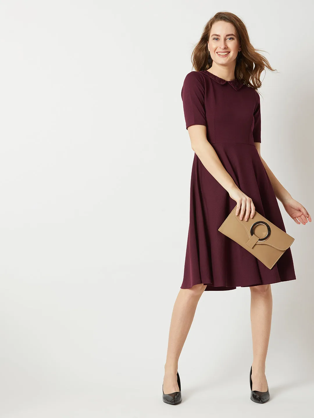 Crease Ease Women's Wine Red Collared Round Neck Half Sleeve Solid Knee-Long Skater Dress