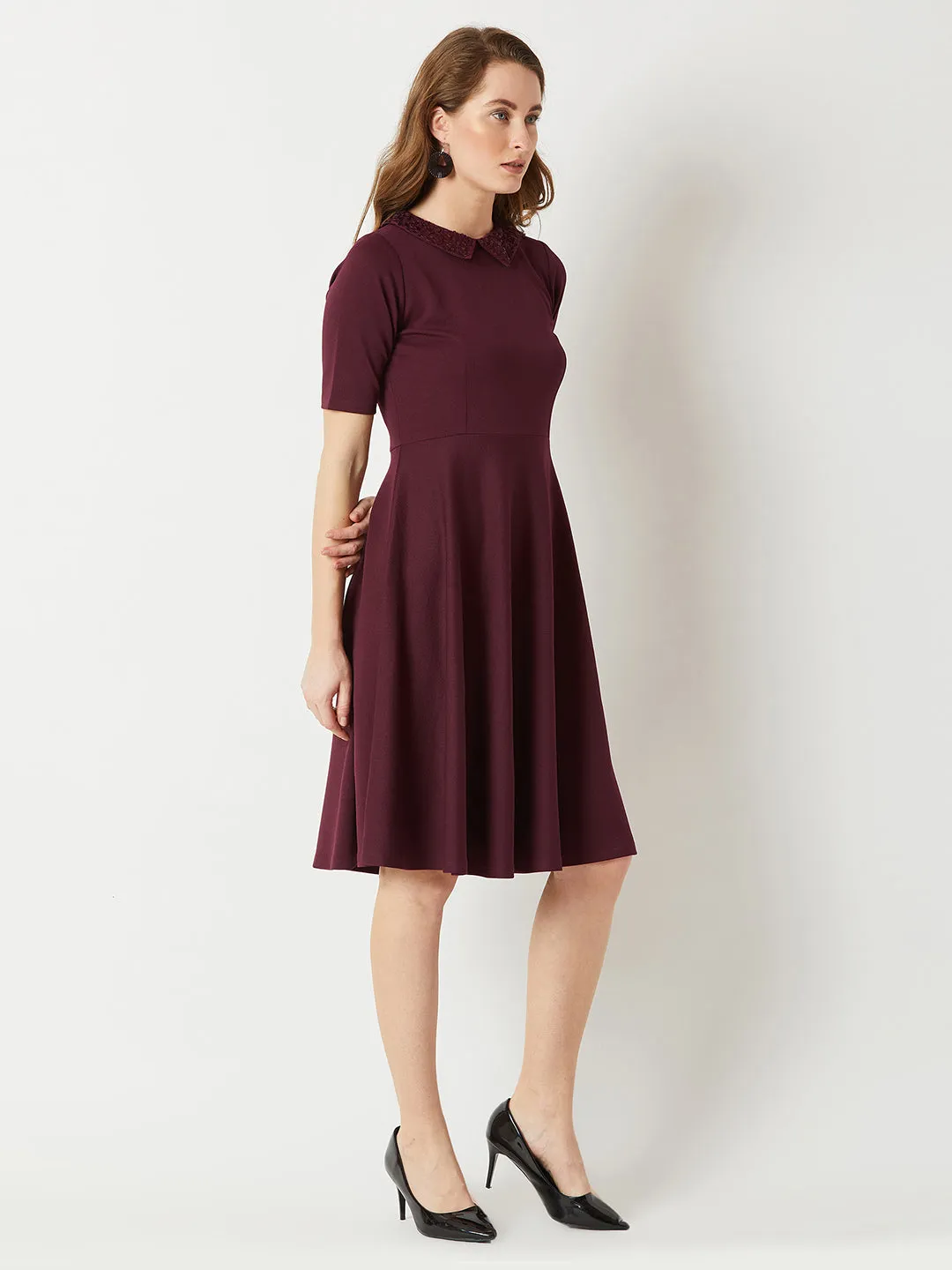 Crease Ease Women's Wine Red Collared Round Neck Half Sleeve Solid Knee-Long Skater Dress