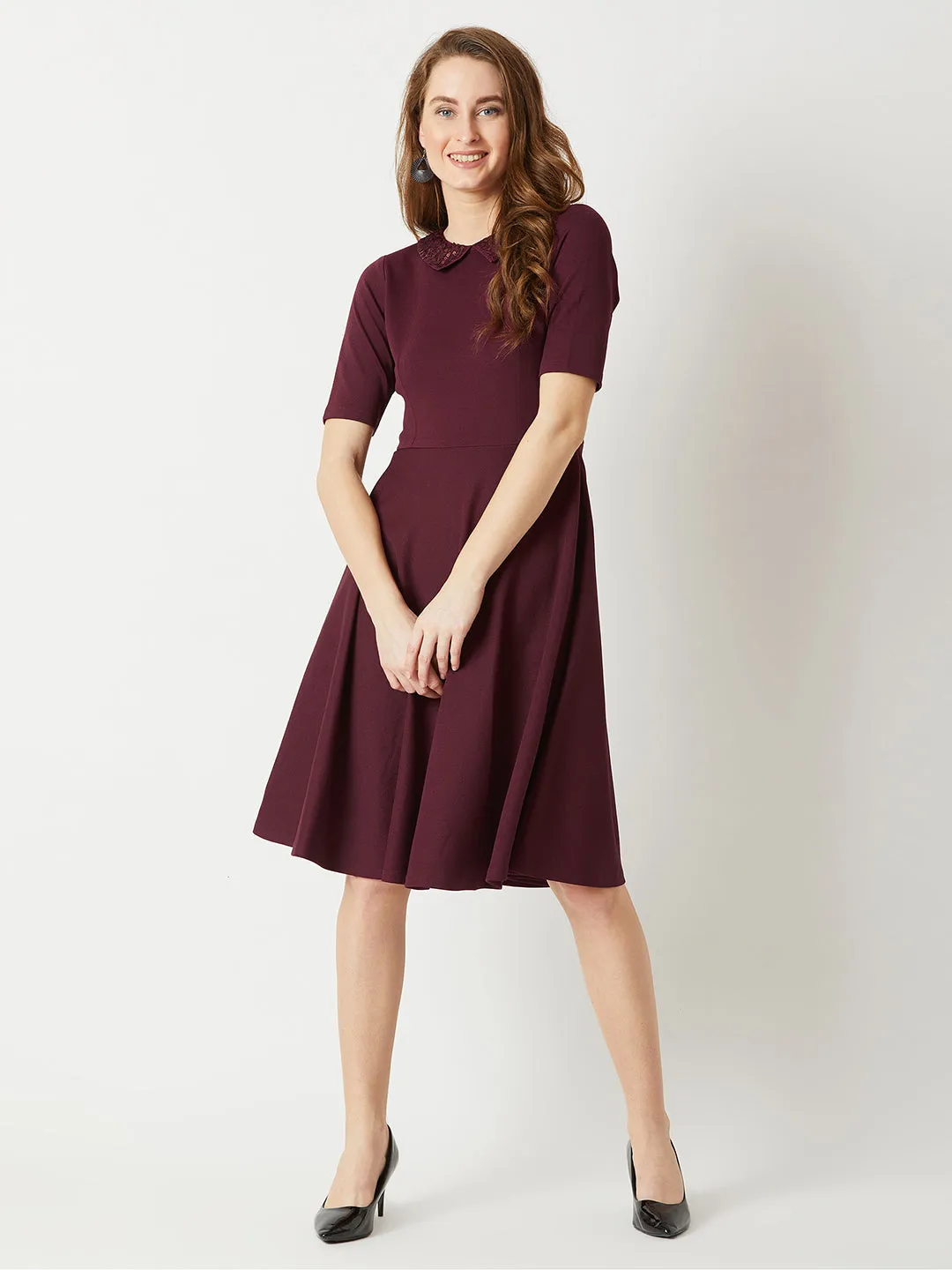 Crease Ease Women's Wine Red Collared Round Neck Half Sleeve Solid Knee-Long Skater Dress