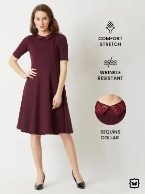 Crease Ease Women's Wine Red Collared Round Neck Half Sleeve Solid Knee-Long Skater Dress