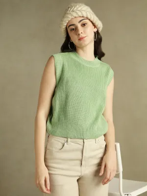 DL Woman Green Solid Round Neck Sweater Vest