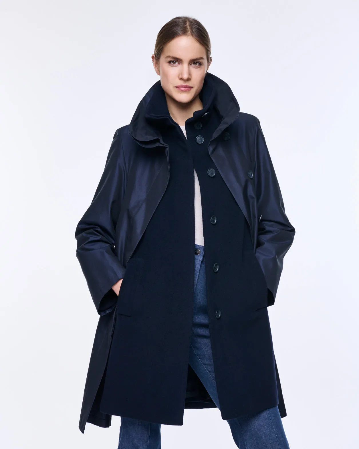 Double-Layered Wool Coat with Detachable Silk Layer