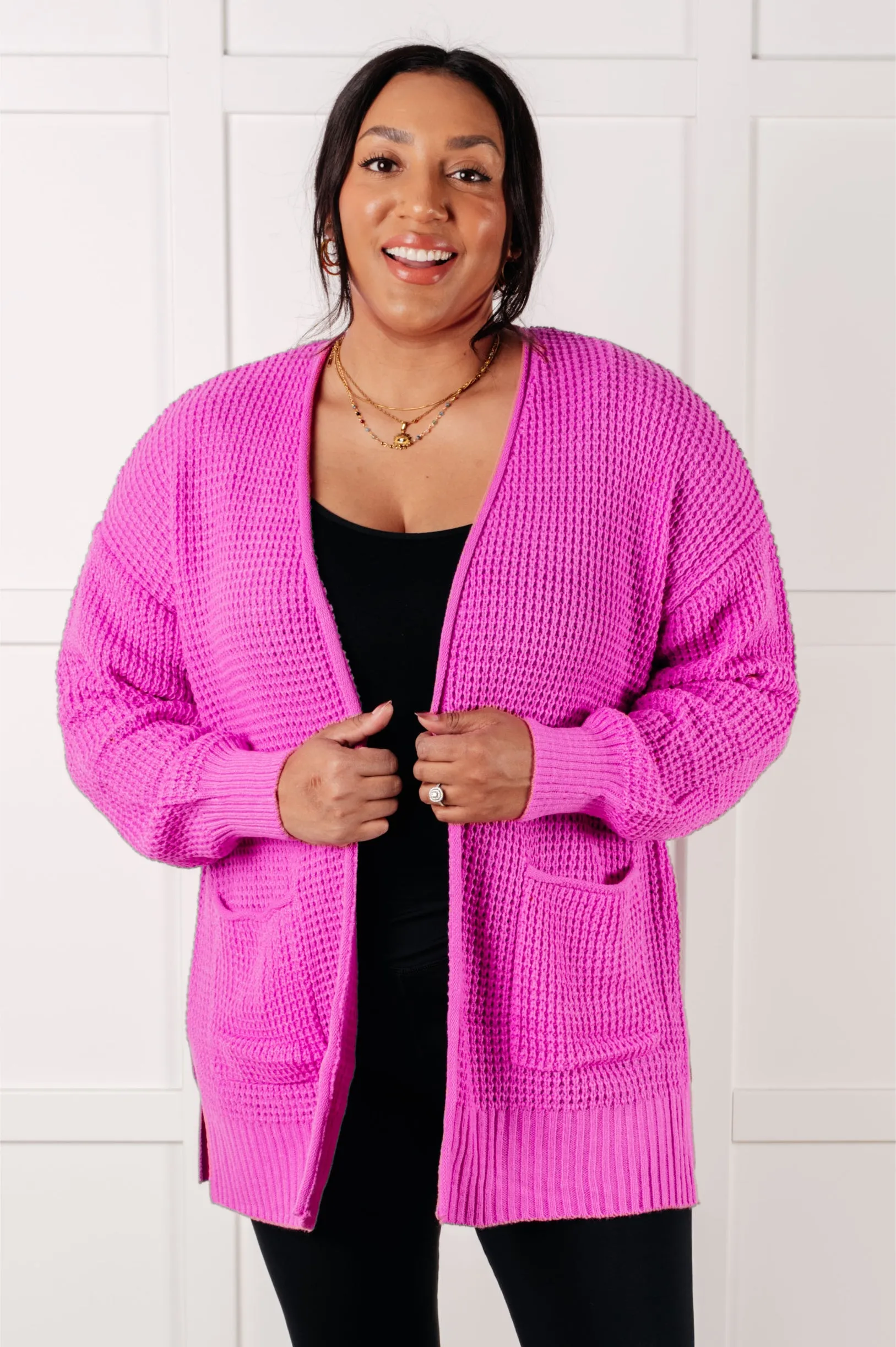 Everything Layer Waffle Knit Open Front Cardigan in Bright Mauve - 1/29/2025