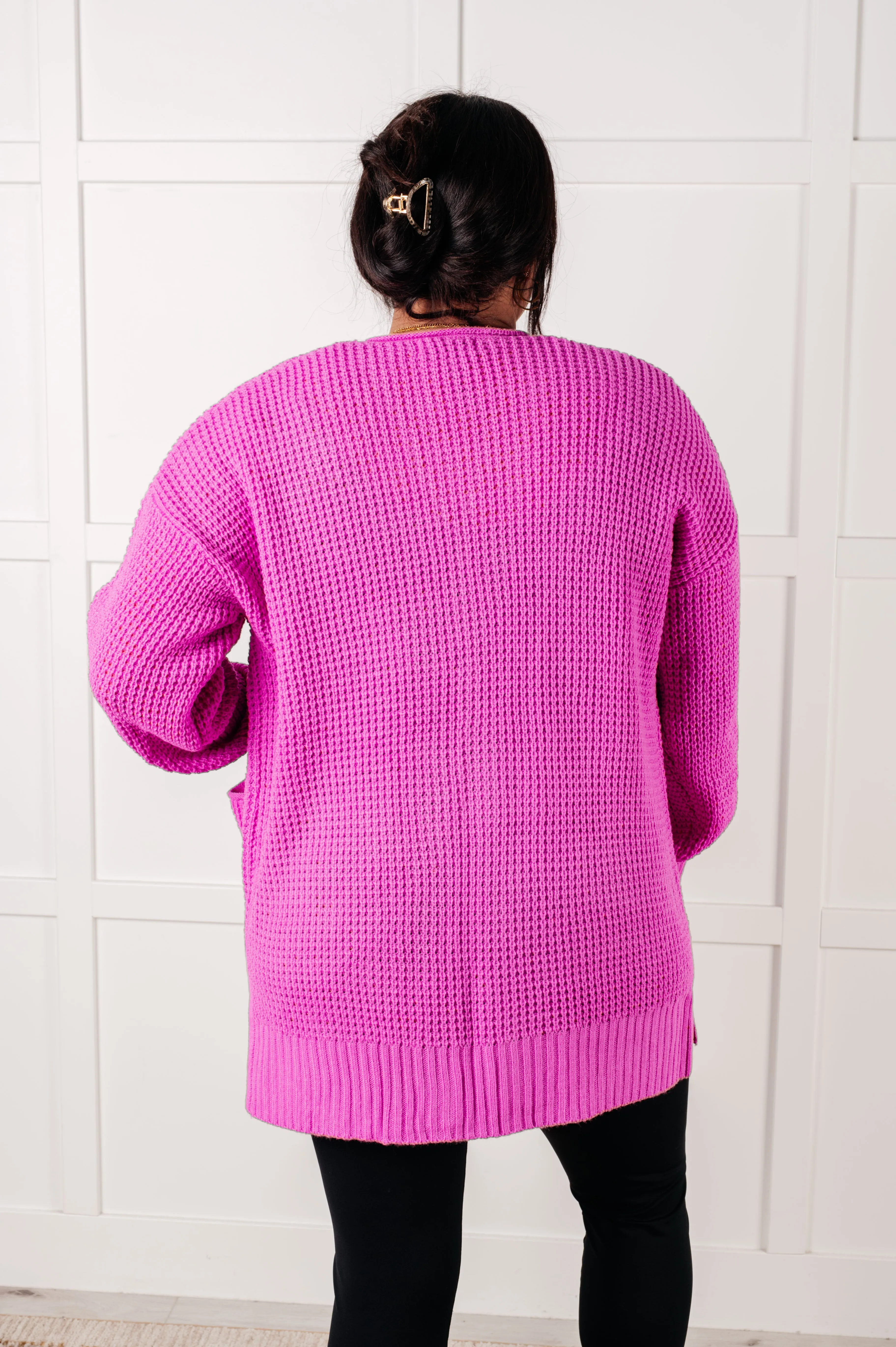 Everything Layer Waffle Knit Open Front Cardigan in Bright Mauve - 1/29/2025