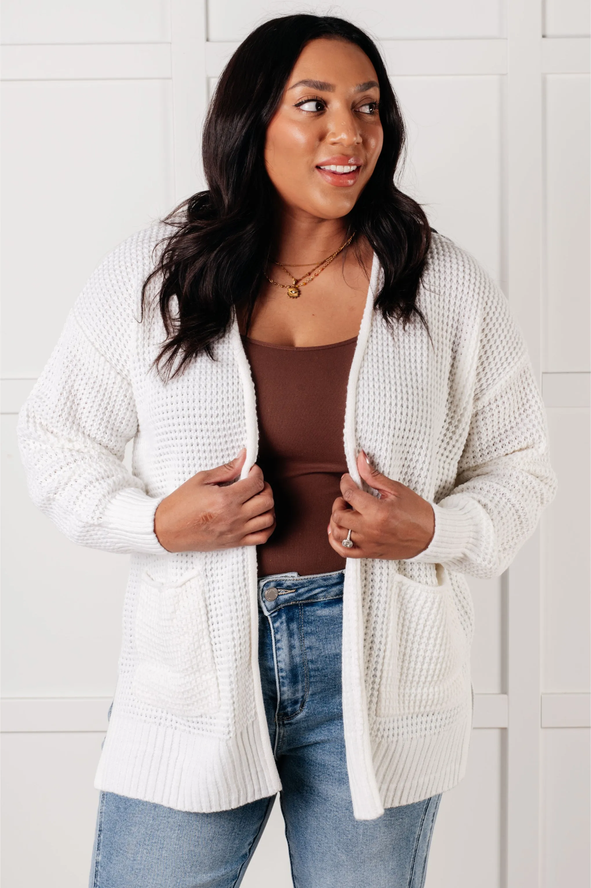 Everything Layer Waffle Knit Open Front Cardigan in Ivory - 1/29/2025