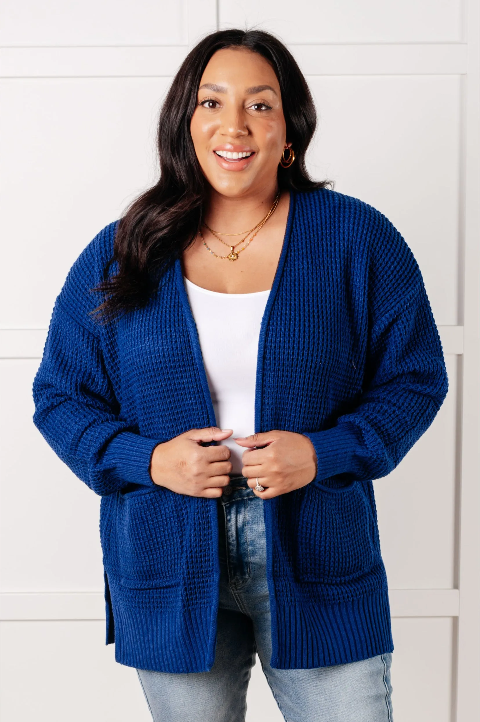 Everything Layer Waffle Knit Open Front Cardigan in Light Navy - 1/29/2025