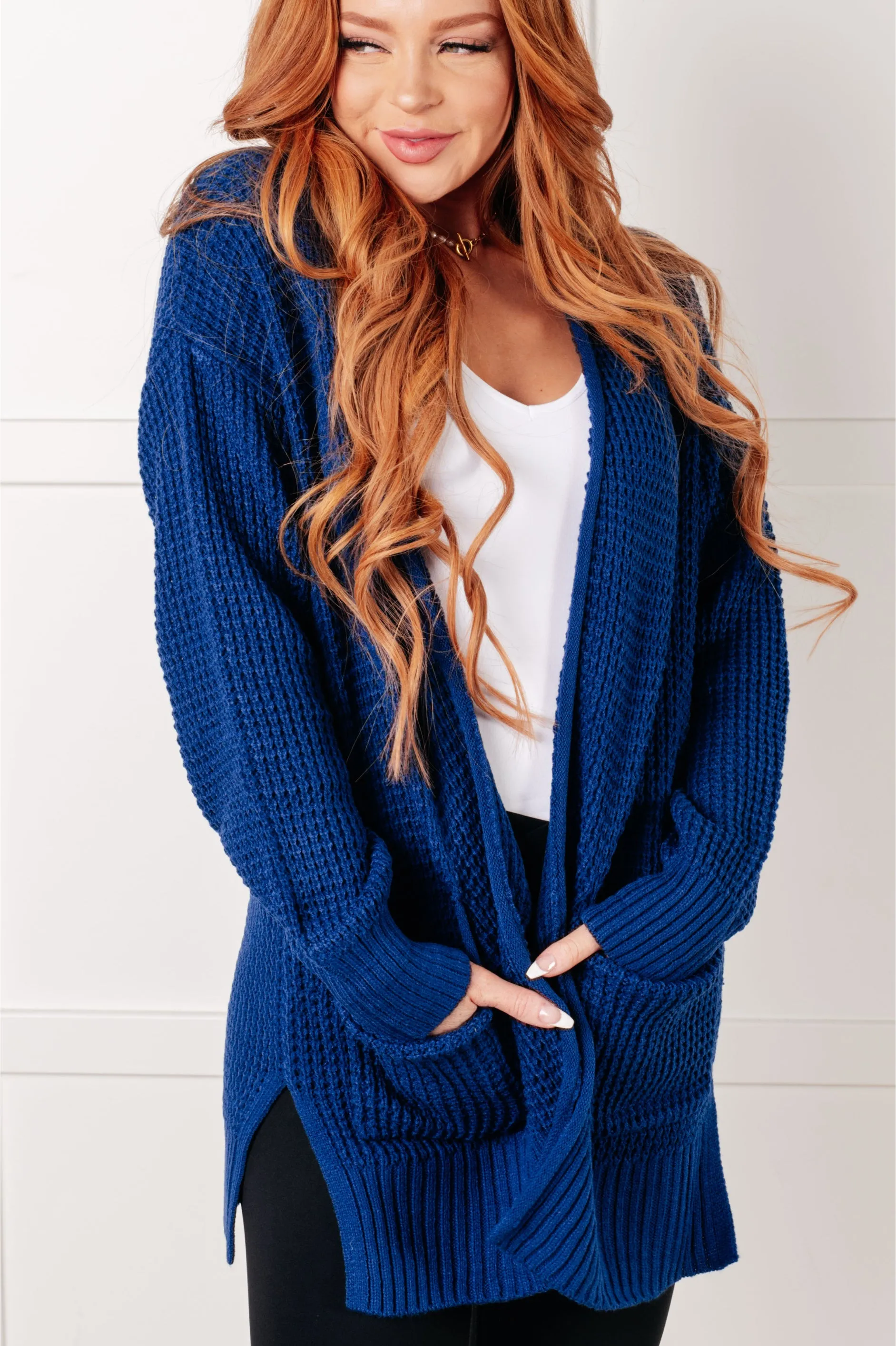 Everything Layer Waffle Knit Open Front Cardigan in Light Navy - 1/29/2025