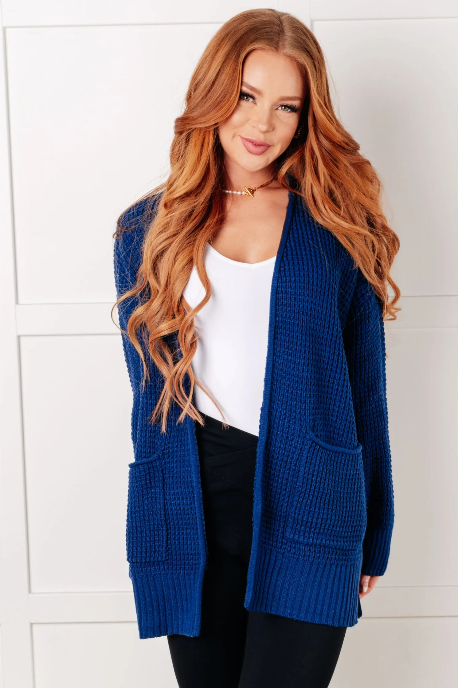 Everything Layer Waffle Knit Open Front Cardigan in Light Navy - 1/29/2025