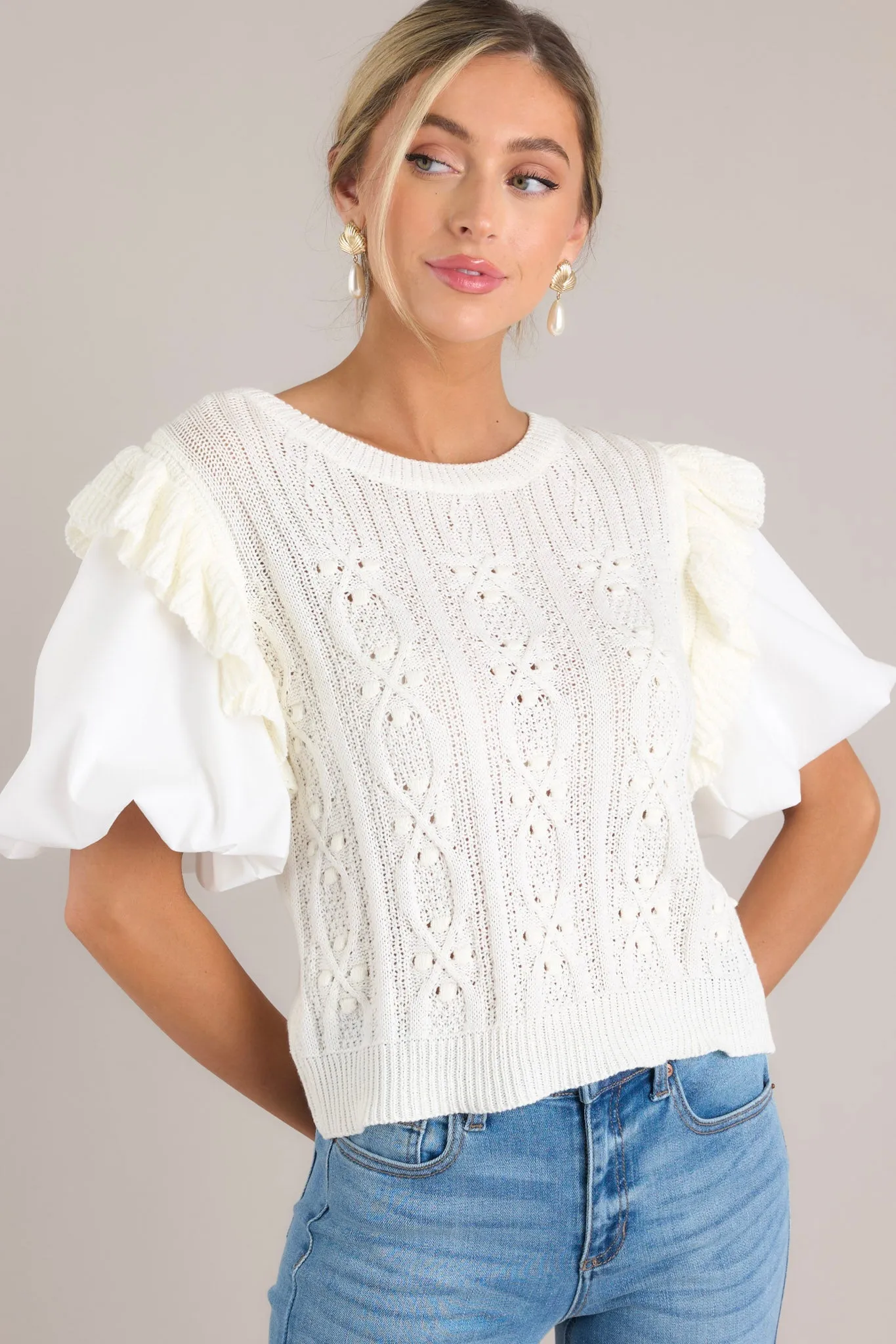 Graceful Glam Ivory Short Sleeve Knit Top