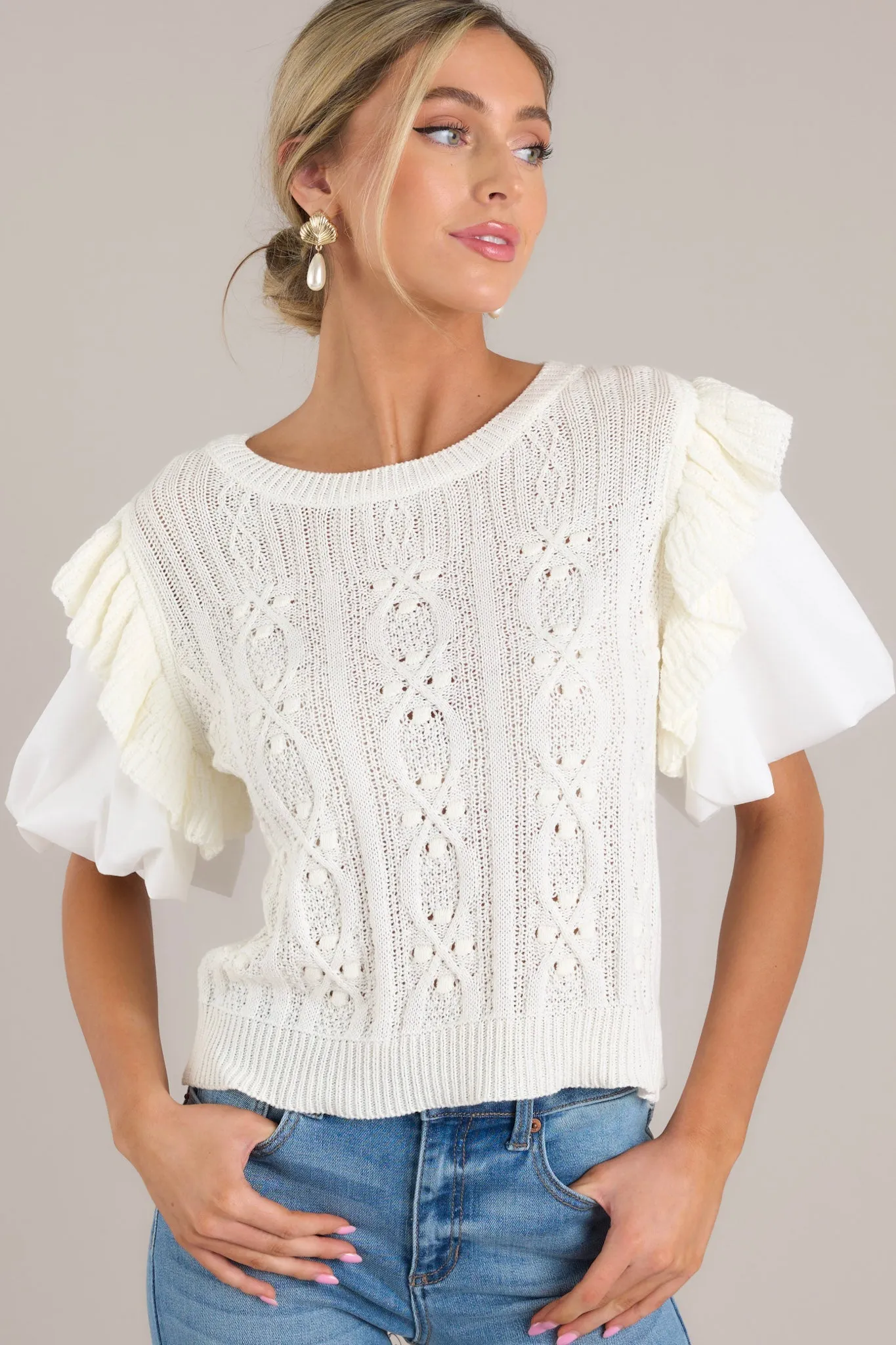 Graceful Glam Ivory Short Sleeve Knit Top