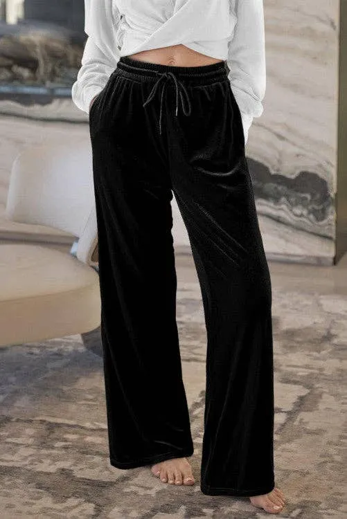 Green Velvet Drawstring Waist Wide Leg Pants