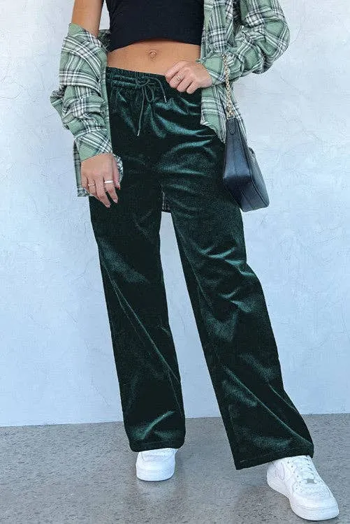 Green Velvet Drawstring Waist Wide Leg Pants